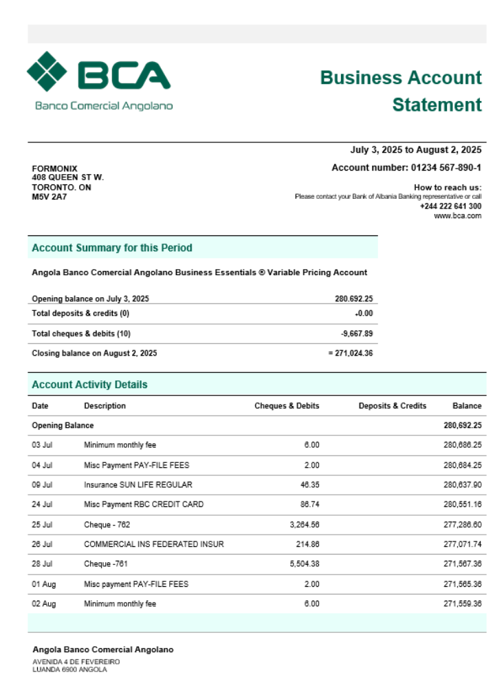 Relevé de compte courant de la société Banco Comercial Angolanno Modèle Word et PDF